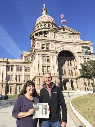 Daniel and Shirley Osborn in front of the Texas Capitol building in Austin, enjoying the Texas warmth in February.