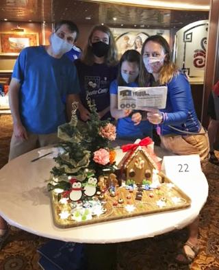 More pictures from the front page Christmas cruise. Glen, Cassie, Stuart and Felicity Champion in the gingerbread house building contest on the cruise.