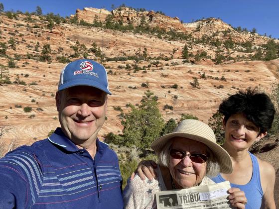 Mullen’s Mildred Starr, pictured at Zion National Park, celebrated her 90th birthday with an RV trip in September with her son Tom and his wife Rebecca as they went to 11 National Parks and 2 State Parks. They logged 3,000 miles on the motorhome camper and 1,000 miles on the car sightseeing. They took around 3,000 photos all-told!  (Tom says they took one photo/mile traveled - haha - he's a 'numbers guy.')