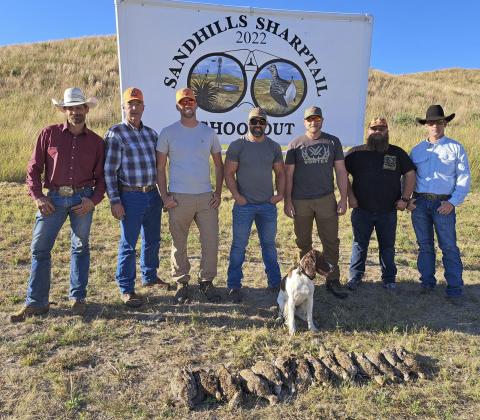 Grouse hunt 2nd place New Shooters team - Dismal River, l-r: scorekeeper Ty Walker, Rex Micheel, Colton Micheel, Taylor Spencer, Timber Burge, Eric Donohoe, guide Josh Call.