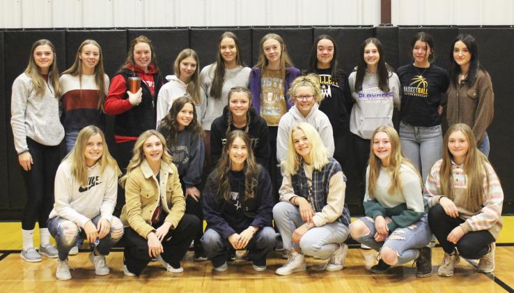 Girls baskeball, back l-r: Student Managers Georgia Wingebach and Harper Andersen, Morgan Hassett, Erika Massey, Jadyn Andersen, Sydnee Cheever, Mercedes Garner, Allie Boyer, Medora DeNaeyer, Fayth Brown. Middle: Brooke Williams, Student Managers Kalli Licking and Riley Hegland. Front: Lauren Schoonveld, Peyton Paxton, Whitney Jennings, Tierston Moore, Samantha Cheever, Hayley Donohoe. Not pictured: Grace and Maggie Haesler.