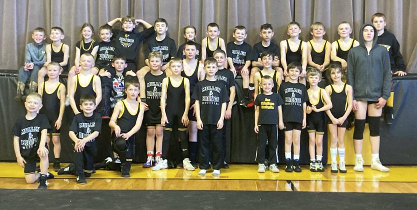 The Mullen youth wrestling team hosted a triangular on Sunday, Jan. 22 with Hershey and Valentine. Hershey first defeated Valentine 20-11. Mullen won 27-17 over Hershey and then 31-10 over Valentine. Pictured back, l-r: Duke Miller, Cooper Phillips, Olivia Cox, Grady Phipps, Cody Walker, Bo Pettit Jr., Holt Morrison, Luke Cox, Tripp Jewell, Gunner Brown, Gus Wingebach, Caleb Deibler, Jedd Kraus, Justin Kraus. Middle: Ryden Ourada, Weston Ourada, Colin Connealy, Trenton Billingsley, Cort Cox, Bronx Burney, B