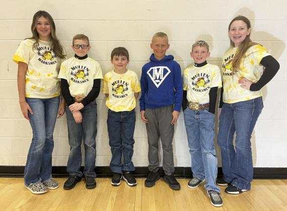 Mullen Marksmen members competing at State BB Gun are pictured l-r: Ady Hampton, Oakes Miller, Zach Hicks, Teal Peterson, Duke Miller, Hope Miller. Not pictured: Cian and Colin Connealy. Gerri Peterson