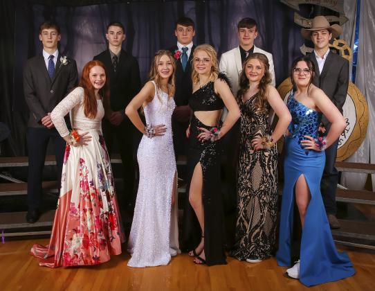 MHS freshmen attending prom, back, l-r - Alex Werner, Cayden Hampton, Tate Kvanvig, Jacob Walker, Jaylon Forsen. Front: Grace Haesler, Sydnee Cheever, Tierston Moore, Hayley Donohoe, Toni Massey.