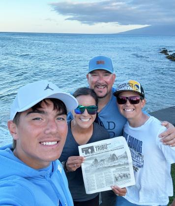 The Kuncl family took the Tribune with them to Maui, Hawaii, in June. Pictured l-r: Trevor, Janie, Chris and Braylon.