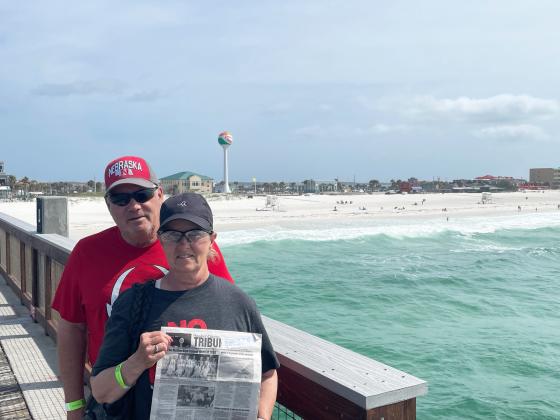 Dick and Tammy Simonson took the Tribune with them on a trip south in May. They are pictured on the Pensacola, Florida, beach.
