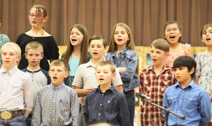 Some of the 4th and 5th graders are pictured during the Spring Music Concert back, l-r: Taylor Cash, Keira Kearns, Abbigail Mundorf, Natalee Walker, Finley Mundorf. Front: Jedd Kraus, Ryden Ourada, Luke Cox, Tuff Pettit, Tripp Jewell, Jaxyn Evans, Lorenzo Gonzalez.