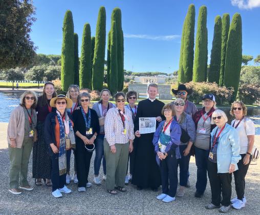 Father Matthew Nash and parishioners from the Sandhills Catholic Churches in Hyannis, Mullen and Thedford visiting the Sicily-Rome American Cemetery and Memorial near Anzio, Italy, to honor Father Mike Koprowski (long-time area priest) who served as Army Chaplain during WWII and was on Anzio Beach.