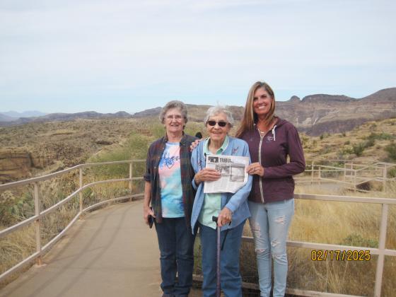Leila Hicks (center) pictured with her daughter-in-law Jean Hicks (left) and niece Nancy Labbe (right) on the Apache Trail in Arizona.