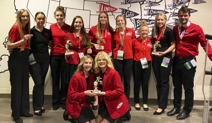 FCCLA members who competed at State last month, back l-r: Sydnee Cheever, Mercedes Garner, Jordyn McDowell, Ashlyn Simonson, Jadyn Andersen, Harper Andersen, Riley Hegland, Taylor Svoboda, Samuel Coble. Front: Peyton Paxton, Tierston Moore. Diana Brost