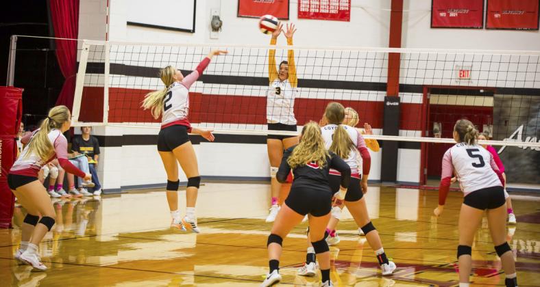 Medora DeNaeyer goes up for a block last week at Merna. Megan Andersen