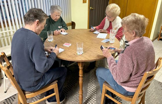 Figuring their 500 scores, l-r: Karen Anders, Sherron Sullivan, Kathy Tuton and Mildred Szwanek.