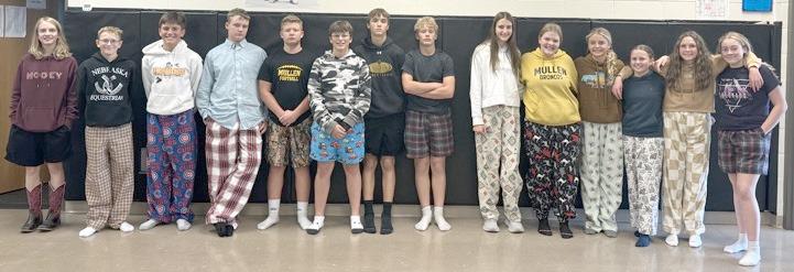 Mullen 8th grade students in FCS learned how to operate a sewing machine while making pants or shorts that fit properly from Mrs. Kelli Walz. Students that finished early also got the chance to make a keychain using the embroidery machine from the STEM Lab. Pictured wearing their garments, l-r: Elly Hardy, Oakes Miller, Braylon Kuncl, Hayden Morrison, DJ Coetzee, Jack Coble, Bo Pettit, Cody Walker, Abby Gracey, Maci Walz, Kaisley Phipps, Audrabell Werth, Breckyn Burney, Kassidy Cheever.