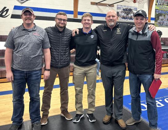 It was like a mini Mullen Bronco wrestling reunion at the South Loup Invite last Friday! MHS wrestling coach Russ Monette gathered up the MHS grads who were there coaching for a photo, l-r: Tyrell Wilson - Sutherland, Ty Kvanvig - Mullen, Zach Sweet - South Loup, Monette, Josh Cox - Sandhills Valley. courtesy photo