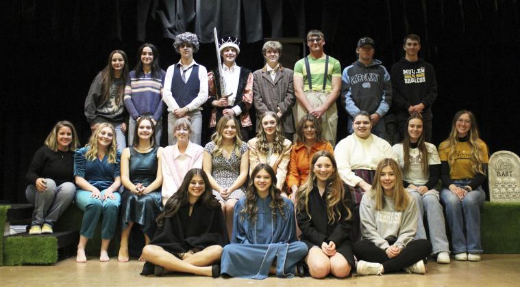 Gerri Peterson MHS One Act cast and crew, pictured back, l-r: Maggie Haesler, Fayth Brown, Jaylon Forsen, Alex Werner, Brandon Hardin, Tate Kvanvig, Daniel Wright, Cayden Hampton. Middle: Director Cece Coons, Samantha Cheever, Ashlyn Simonson, Malia Oltmer, Lauren Schoonveld, Sydnee Cheever, Medora DeNaeyer, Mia Flores-Green, Jadyn Andersen, Director Kyler Horn. Front: Ella Rice, Ady Hampton, Hope Miller, Keragan Welch. Not pictured: Corynn Corbin, Orabella Heaton.