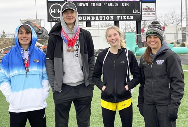 L-r: Trevor Kuncl, Clayton Moore, Peyton Paxton and Callie Coble qualified to compete at the Track and Field Festival in Papillion last Tuesday, with Trevor and Clayton both winning medals. Jennifer Moore