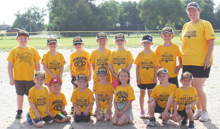 Mullen t-ball, back, l-r: Lane Brown, Charlotte Connealy, Clay Cribelli, Tate Phillips, Harper Myers, Brystol Call, Cooper Peers, Coach Jessica Polt. Front: Rudy Connealy, Johnny Phillips, Violet Stichka, Aurora Polt, Addison Mundorf, Finnegan Connealy, Martin Connealy.