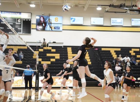 Mullen’s Alysen Daniels goes up for a kill against Otero. courtesy photo