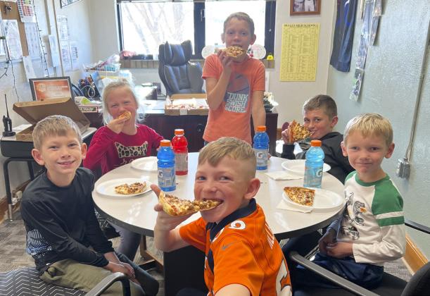 Sitting around the table starting from the left: Cooper Phillips, Danielle Peterson, Eli Barnes, Bronx Burney, Jaxson Barnes, Duke Miller. Brett Mauler