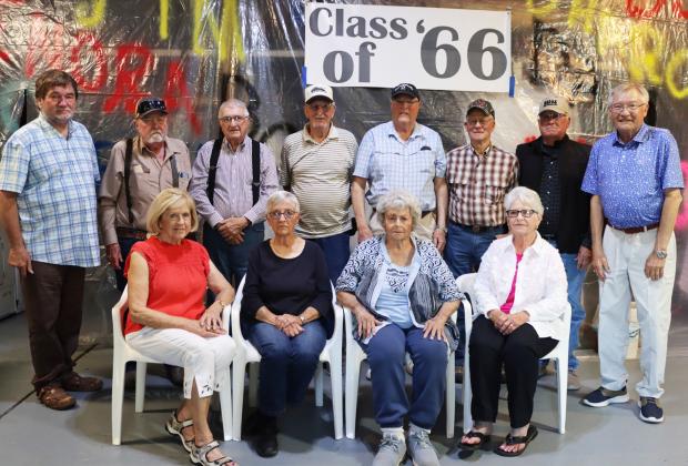 Class of 1966 - 60 years: Back, l-r: Eric Kizer, Jim Brannan, Joe Isom, Mick Cotant, Mick Patch, John Wiley, Nick Phipps, Dan Little. Front: Lenora (Brown) Little, Patsy (Elliott) Phipps, Carol Ann (LeLaCheur) Arehart, Cecilia (Buechler) Hayward. Gerri Peterson