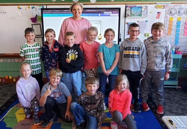 Ms. Brown with her second graders this year, back, l-r: Tate Phillips, Brogan Jewell, Jaxson Barnes, Anna Ridenour, Kinley Crisp, Cooper Ourada, Harrison Vinton. Front: Aurora Polt, Kayden Evans, Merick Lattin, Meyer Vinton.