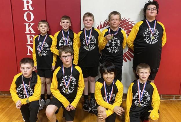 The Mullen boys 3rd/4th grade basketball team won the 4th grade Broken Bow Tournament on Sunday, Feb. 18, going 3-1. Pictured back, l-r: Kyler Marsh, Duke Miller, Jackson Newman, Caleb Deibler, Hunter Gray. Front: Zach Hicks, Cylas Dent, Lorenzo Gonzalez, Ryden Ourada. courtesy photo
