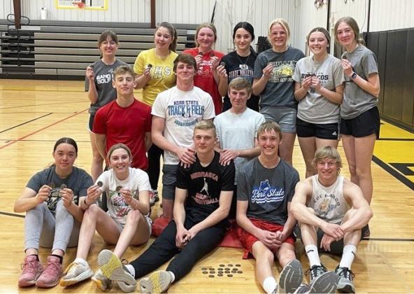 Every member that competed of the MHS track teams began their season with a medal last week! Pictured back, l-r: Malia Oltmer, Keragan Welch, Hayley Donohoe, Fayth Brown, Tierston Moore, Izzy Hoyt, Sydnee Cheever. Middle: Alex Werner, Chase Gracey, Kyle Finney. Front: Mercedes Garner, Peyton Paxton, Clayton Moore, Alex Moore, Justin French. courtesy photo