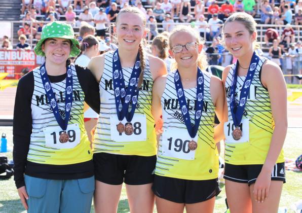 The Lady Broncos earned medals in every single event they competed in at State Track! Pictured l-r: Orabella Heaton, Harper Andersen, Riley Hegland, Peyton Paxton. Carolee Brown