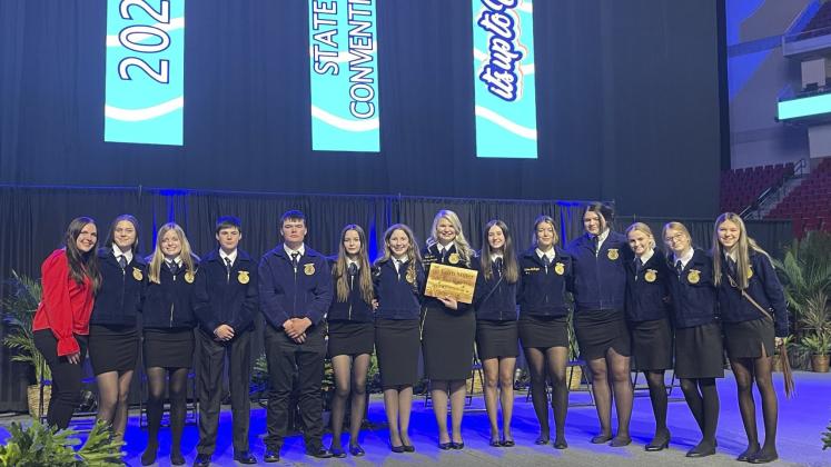 Mullen FFA memers at State Convention, l-r: Advisor Kelsey Phillips, Georgia Wingebach, Lauren Schoonveld, Cian Connealy, Owen Thorberg, Maggie Haesler, Hope Miller, 2022-23 State FFA Vice President Faith Miller, Allie Boyer, Medora DeNaeyer, Mia Flores-Green, Ashton Werth, Lola Wingebach, Ady Hampton. courtesy photo