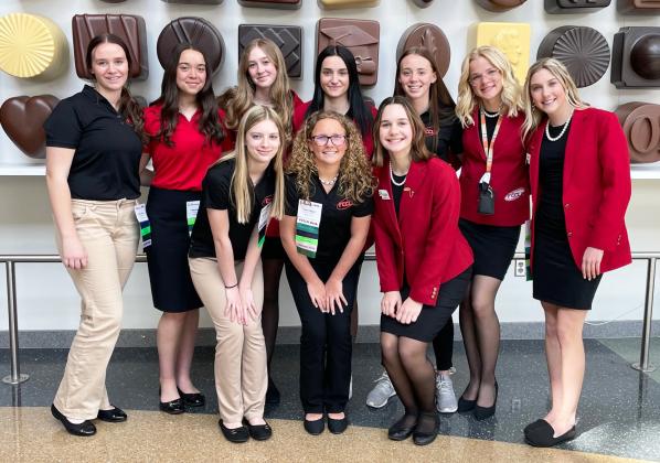 State FCCLA participants, back l-r: Jadyn Andersen, Mercedes Garner, Sydnee Cheever, Fayth Brown, Harper Andersen, Tierston Moore, Peyton Paxton. Front: Erika Massey, Riley Hegland, Ashlyn Simonson.