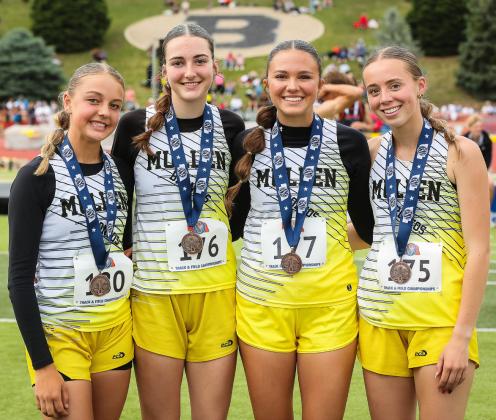 The girls’ 4x800 relay team placed 3rd at State Track, l-r: Kaisley Phipps, Abby Gracey, Ady Hampton, Harper Andersen. Megan Andersen