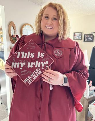 Jessica Myers graduated from Chadron State College on Dec. 13 with her bachelor’s degree in elementary education. Mrs. Myers began teaching first grade at Mullen Elementary this school year and had her class sign her cap to wear on graduation day. courtesy photo
