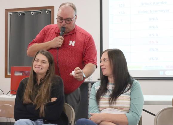 Calli Edis reacts to MC Bill Boyer reading her ticket number off the ping pong ball while Andrea Newman looks on during the top 10. Gerri Peterson
