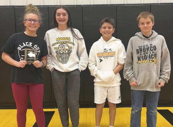 Hooker County Spelling Bee results, l-r: 1st - Riley Hegland 8th grade champion and overall champion, 2nd - Jenna Donohoe 7th grade champion, 3rd - Braylon Kuncl 6th grade champion, 4th - Justin Kraus 5th grade champion. courtesy photo