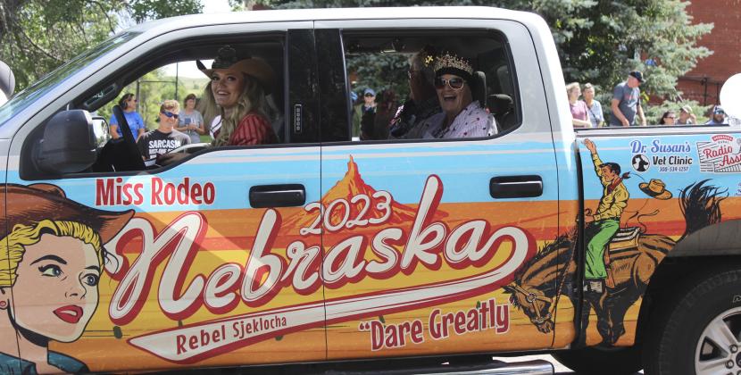 A pickup load of royalty - Miss Rodeo Nebraska Rebel Sjeklocha and Hooker County Fair King &amp;amp; Queen John &amp;amp; Julie Kraye in the parade. Gerri Peterson