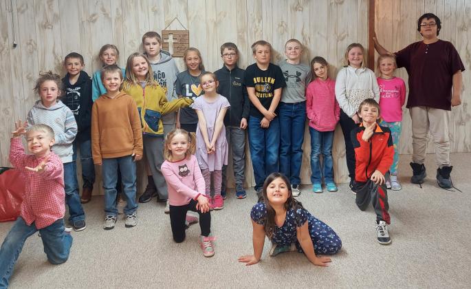 After meeting on Wednesdays since October, Joy Club at Mullen’s Assembly of God Church held their year-end program last Wednesday, March 6. Pictured back, l-r: Dailie Dent, Grady Phipps, Kayden Evans, Kendall Phipps, Ella Walz, Justin Kraus, Emri Dent, Anna Hessin, Cylas Dent, Caleb Deibler, Jedd Kraus, Keira Kearns, Tatum Deibler, Danielle Peterson, Hunter Gray. Front: Killian Kearns, Ryann Walz, Zandra Hebbert, Jaxyn Evans. Melinda Kraus
