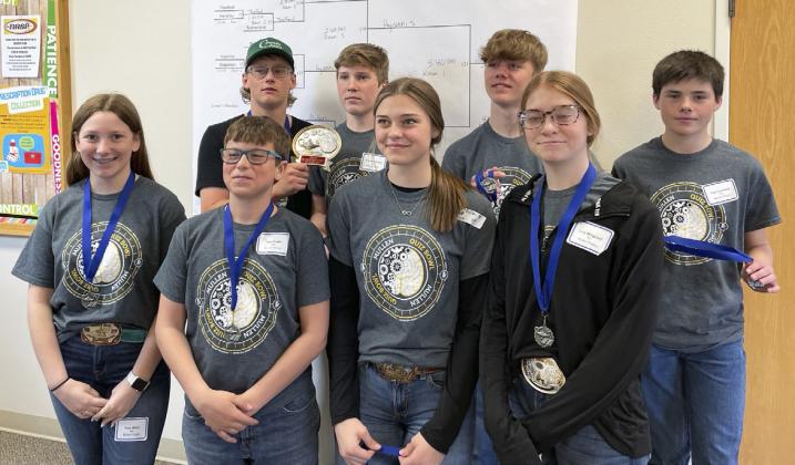 Junior High Quiz Bowl team, pictured back l-r: Daniel Wright, Brandon Hardin, Colby Kessler, Cian Connealy. Front: Hope Miller, Jack Coble, Georgia Wingebach, Lola Wingebach. Ron Taylor