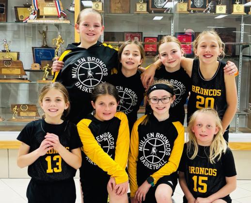 Mullen’s 3rd/4th grade girls placed 1st at the Med Valley basketball tournament in Curtis last Saturday, Feb. 8. Back, l-r: Ella Walz, Lillian Ericksen, Elle Gracey, Emri Dent. Front: Abbigail Mundorf, Zandra Hebbert, Avery Vinton, Daryl Deibler.