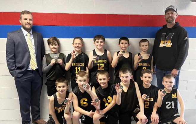 The boys 3rd/4th grade team placed 2nd in their division. Back, l-r: Coach Jason Cheney, Tuff Pettit, Eli Barnes, Zach Hicks, Marcus Lattin, Ryden Ourada, Coach Garrett Ourada. Front: Tru Mundorf, Tripp Jewell, Grady Phipps, Luke Cox, Holt Morrison, Trent Cox.