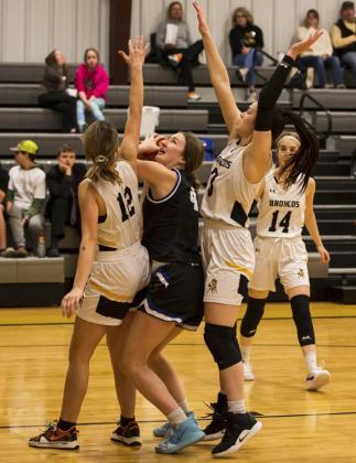 Medora DeNaeyer and Shelby Welsh defend a Hershey shot. Megan Andersen