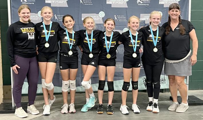 The Mullen 5th-6th grade volleyball team placed 1st in the bronze division of the Nebraska NetFest tournament in Kearney on Saturday, Oct. 12, going 4-2 on the day. Pictured l-r: Coach’s helper Maci Walz, Hadley Marsh, Luciana Gonzalez, Kendall Phipps, Olivia Cox, Ayden Lee, Ava Walz, Coach Barb McIntosh.