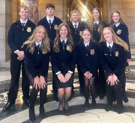 State FFA attendees, back l-r: Hayden Morrison, Cian Connealy, Cody Walker, Abigail Gracey, Breckyn Burney. Front: Kaisley Phipps, Hope Miller, Audrabell Werth, Kassidy Cheever. Kelsey Phillips