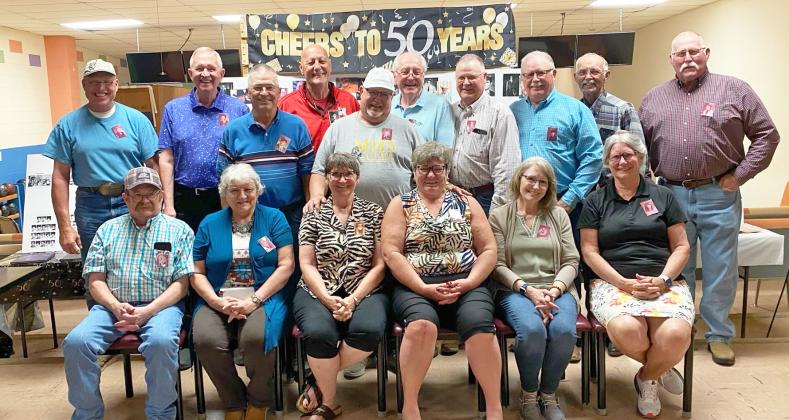 Class of 1974 - 50 years: Back, l-r: Jim Licking, Greg Stull, Alan Little, Mark Edelman, Doug Boyer, Steve Boyer, Fred Marshall, Glen Andrews, Lyle Phillips, Patrick Wright. Front: Tom Roseberry, Patty (Benner) Wolfenden, Eva (Wiese) Crawford, Risa (Maire) Peters, Helen (Finney) Neumeyer, Deb (Starr) Bryner.