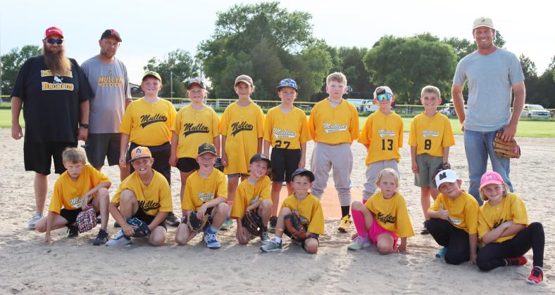 Coach pitch team, pictured back l-r: Coach Chad Myers, Coach Josh Barnes, Lane Brown, Harper Myers, Aleah O’Brien, Tate Phillips, Harrison Vinton, Jaxson Barnes, Brogan Seeley, Coach Gabriel Connealy. Front: Merick Lattin, Kayden Evans, Finnegan Connealy, Martin Connealy, Johnny Phillips, Harper Barnes, Jasper Duffield, Ryann Walz. Turn the page for the t-ball team picture.