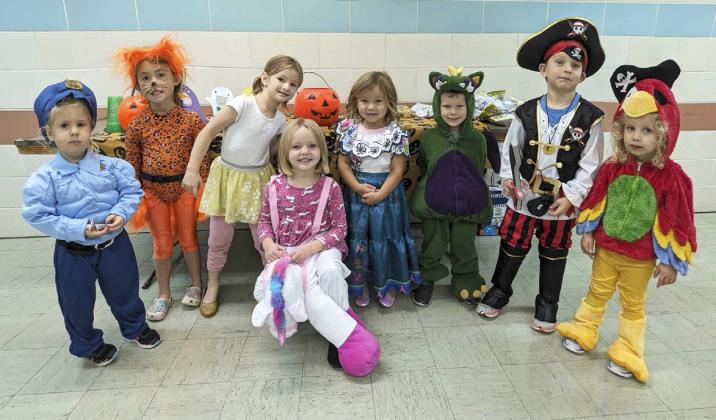 The Hooker County Library Story Hour Halloween party was held last Wednesday, Oct. 25. Pictured l-r: Kyla Crisp, Addison Mundorf, Ryhme Pettit, Ryann Walz, Quinley Schmid, Johnny Phillips, Clay Cribelli, Sybi Cribelli. Heather Phillips