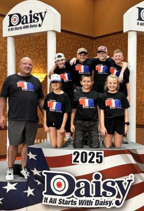 The BB gun team finished 43rd out of 59 teams at nationals. Pictured back, l-r: Coach Kyle Hoyt, Zach Hicks, Colin Connealy, Oakes Miller, Duke Miller. Front: Lillian Ericksen, Marcus Lattin, Sadie Hoyt. Tami Miller