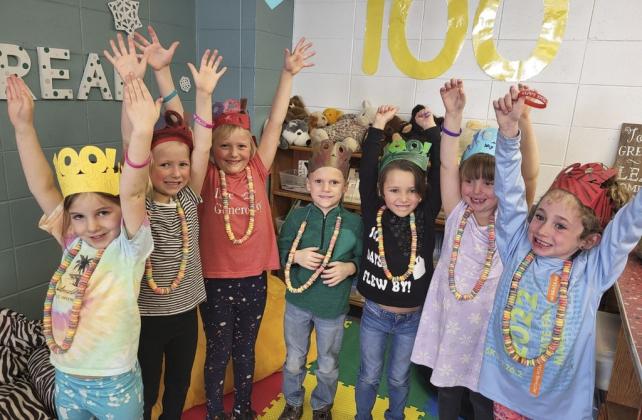 The Mullen kindergarteners celebrated their 100th day of school on Monday, Feb. 6 with all kinds of activities. Pictured l-r: Eve Ericksen, Fallon Lee, Danielle Peterson, Trent Cox, Ellie Licking, Aislynn Connealy, Dailie Dent. Leanne DeKay