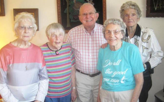 Five of the six remaining 1954 class members gathered at Leila Hicks’ before the alumni banquet. Pictured l-r: Pauline Furrow LeMay, Virginia Licking French, Donald Daily, Leila French Hicks, Nancy Kraye Laier. The sixth remaining classmate, Clyde Huddle, could not attend. courtesy photo