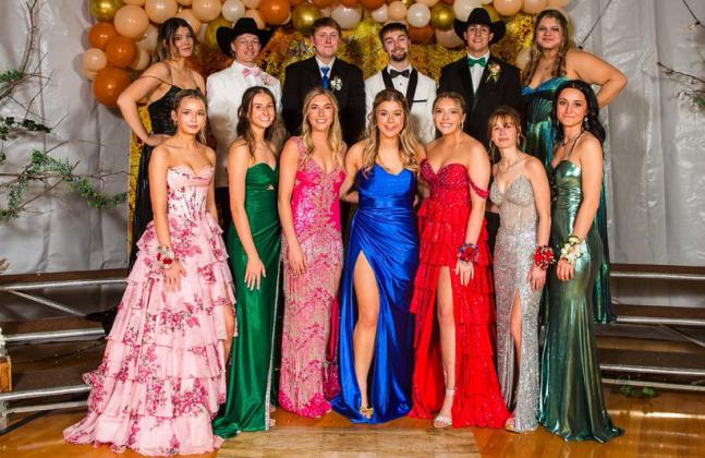 MHS seniors at Prom last Saturday, April 5, back l-r: Medora DeNaeyer, Justin French, Corben Kissire, Jacob Wingebach, Jarren Forsen, Mia Flores-Green. Front: Maggie Haesler, Allie Boyer, Peyton Paxton, Keragan Welch, Izzy Hoyt, Brooke Williams, Fayth Brown.