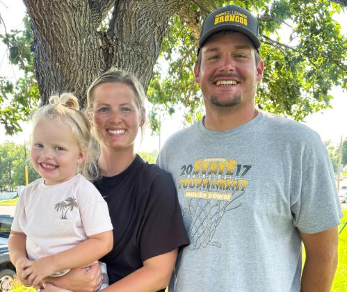 L-r: Kyler Horn - 2nd grade, Kelsey Spies (holding Oaklynn) - K-12 Physical Education and Tye Spies - 6-12 Industrial Technology. Gerri Peterson